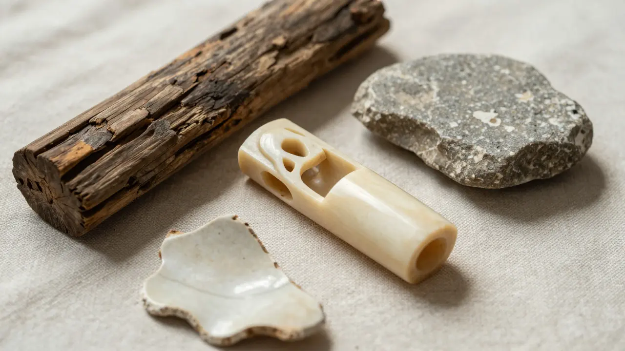 Close-up of ancient wood, ivory, stone, and ceramic artifacts arranged on linen