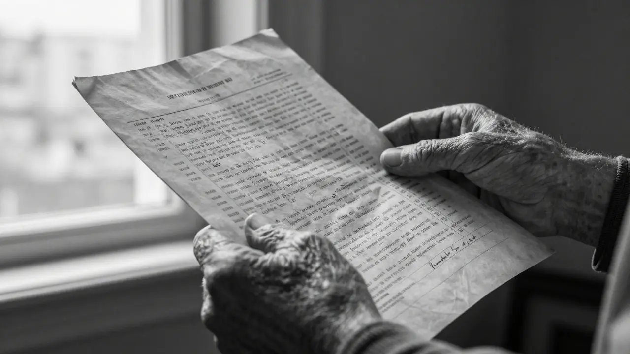 Close-up of elderly hands holding an old document against a blurred city background