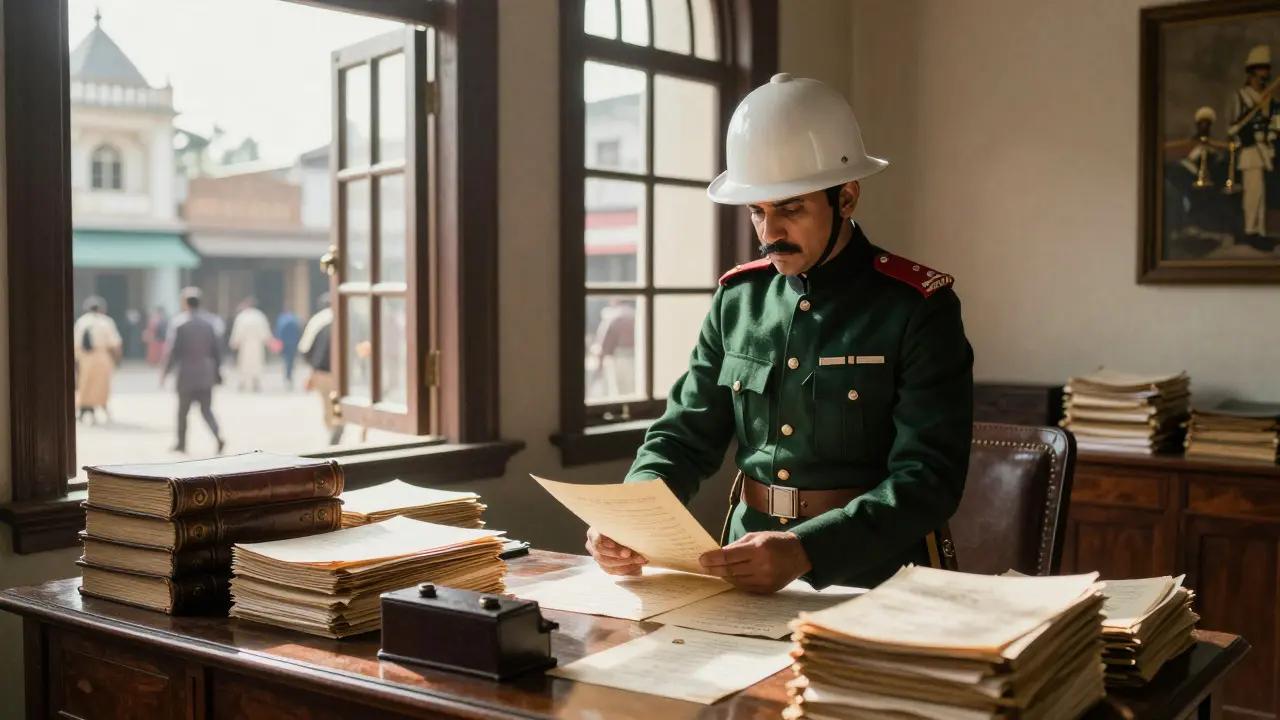 Colonial officer reviewing military files in an Indian garrison