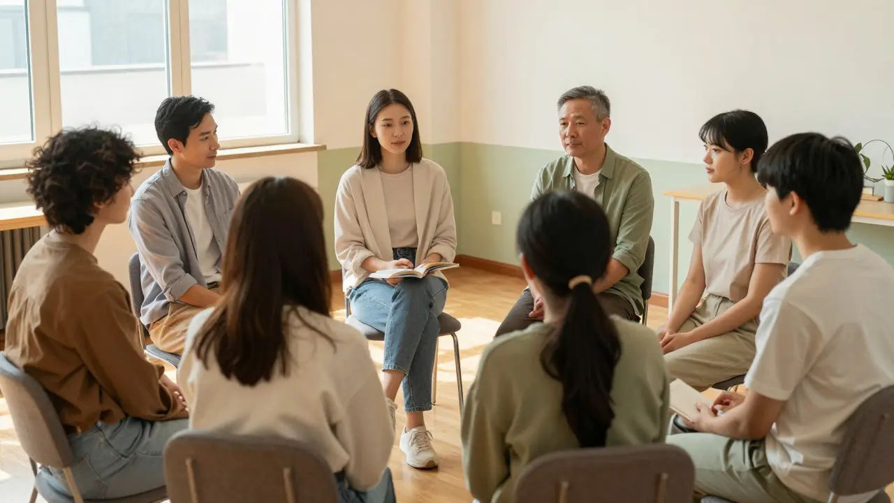 Community members sitting in a circle having a supportive conversation