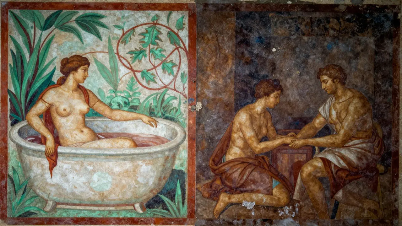 Comparison of bright Pompeian and dark Herculaneum fresco styles