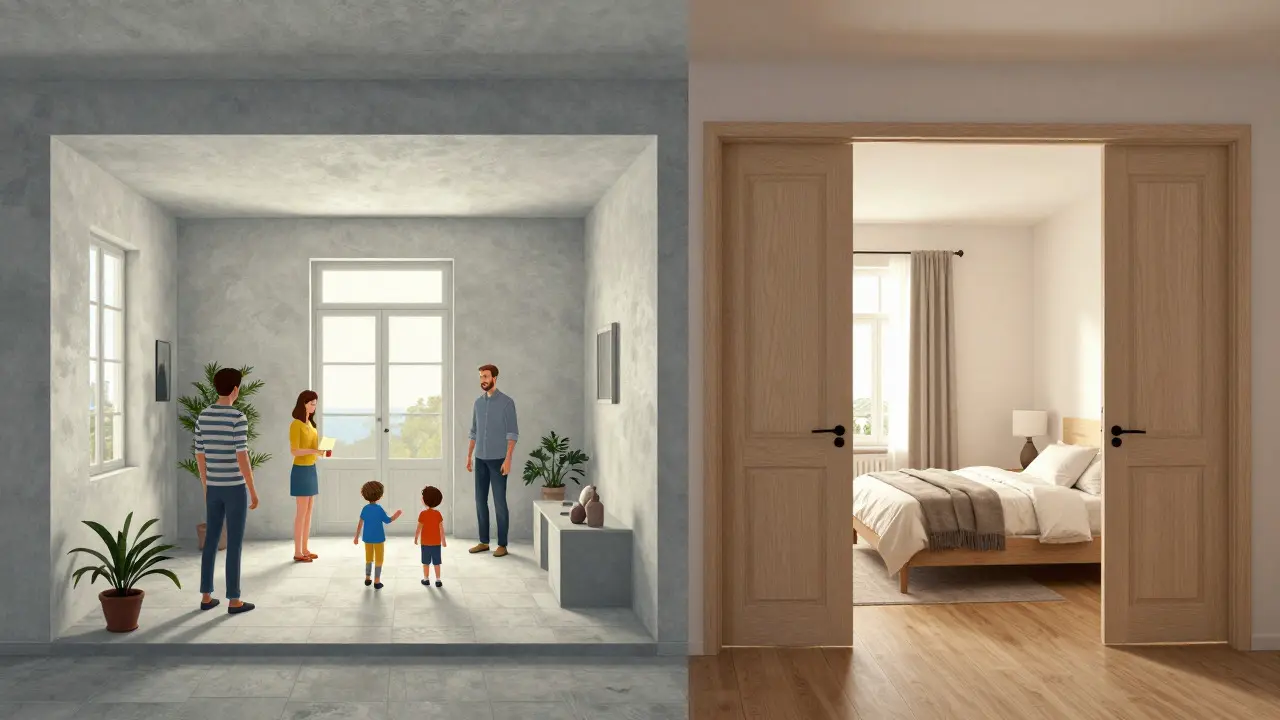 Comparison of open ancient homes versus locked modern bedrooms