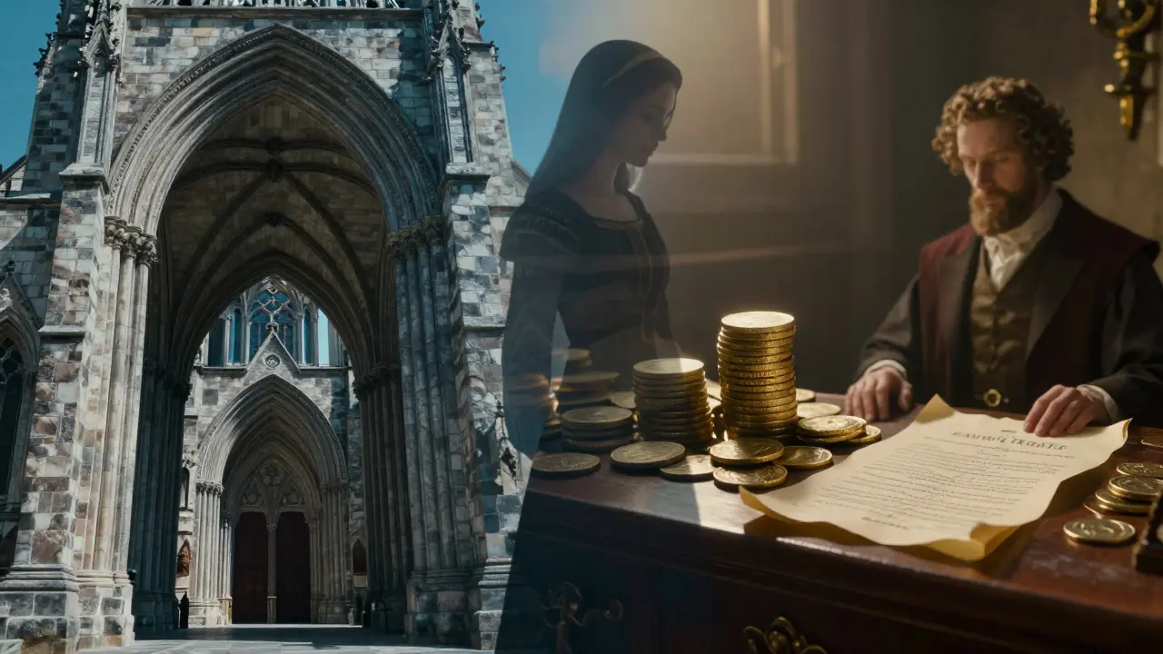 Conceptual art blending a cathedral and gold coins around a woman