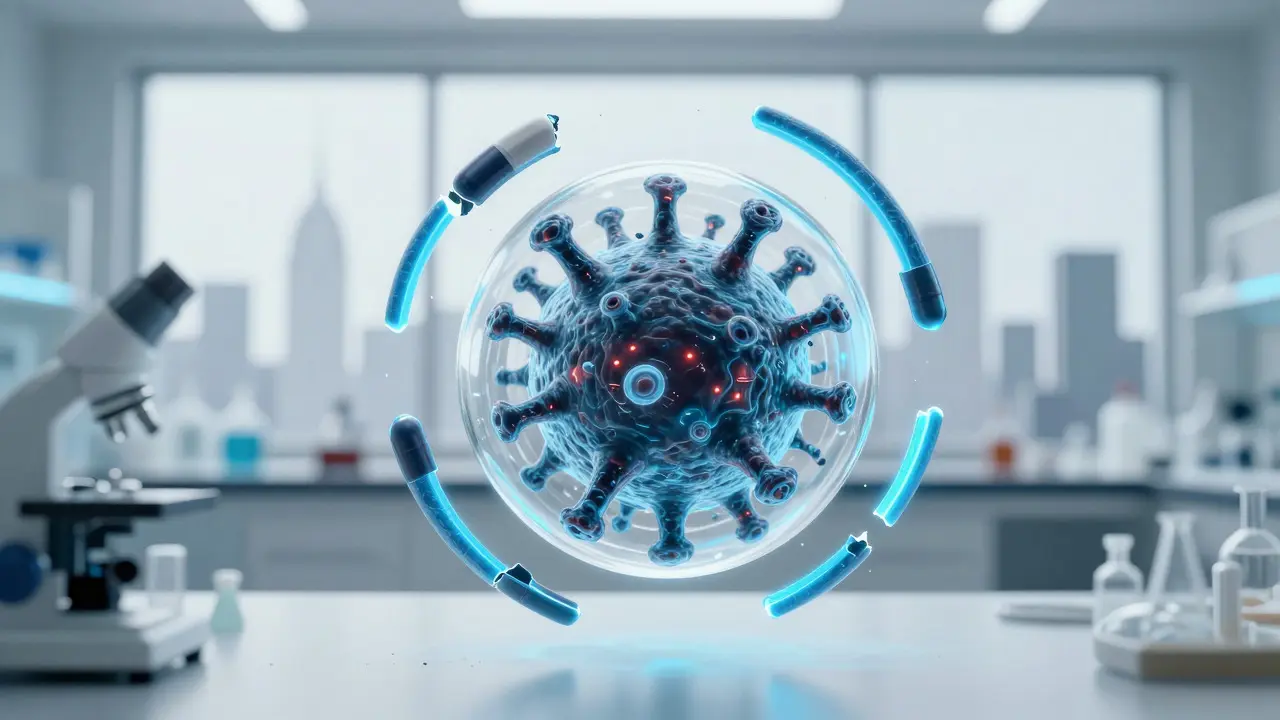 Conceptual art depicting a mutating bacterium surrounded by failing antibiotic barriers