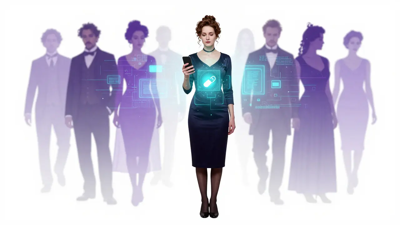 Conceptual art of a modern woman holding a phone projecting Victorian imagery into a digital void