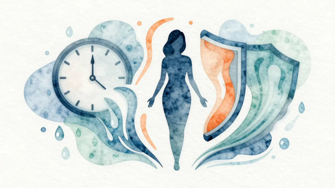Conceptual art of a woman protected by a shield, surrounded by abstract time elements