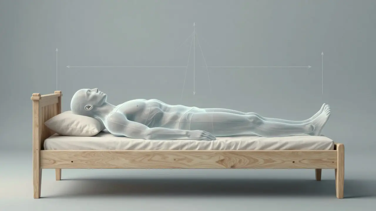 Conceptual art showing a human figure aligned with gravity on a bed