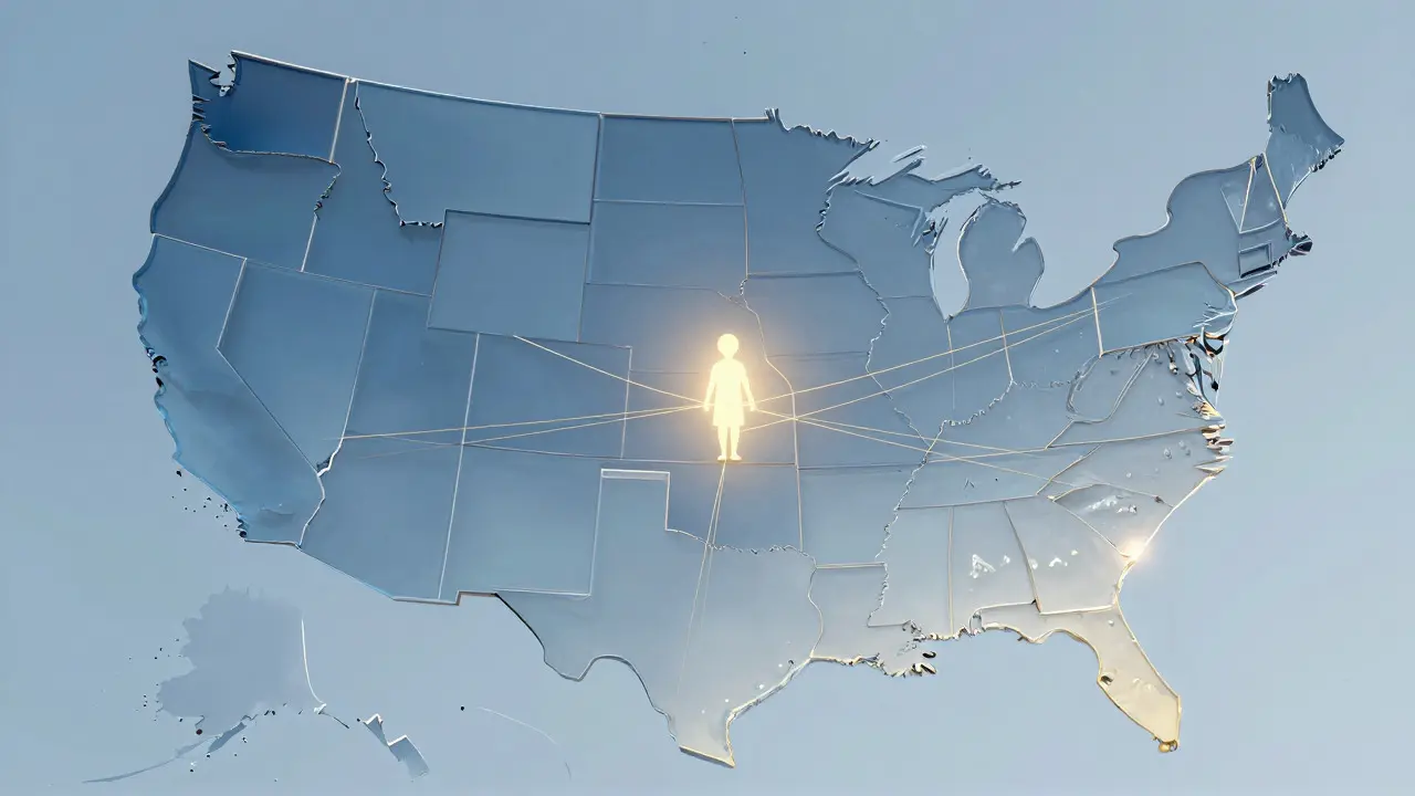 Conceptual art showing family legal bonds connecting across US state borders