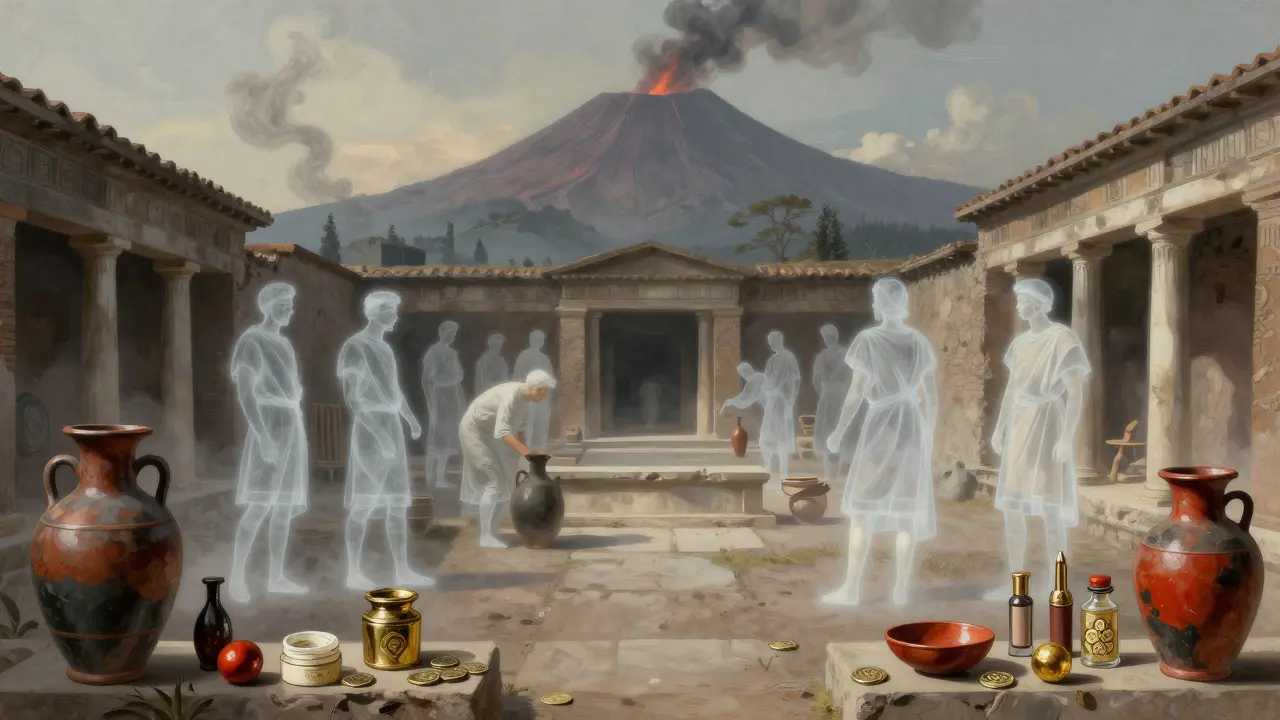 Conceptual art showing Pompeii's past with translucent figures and artifacts