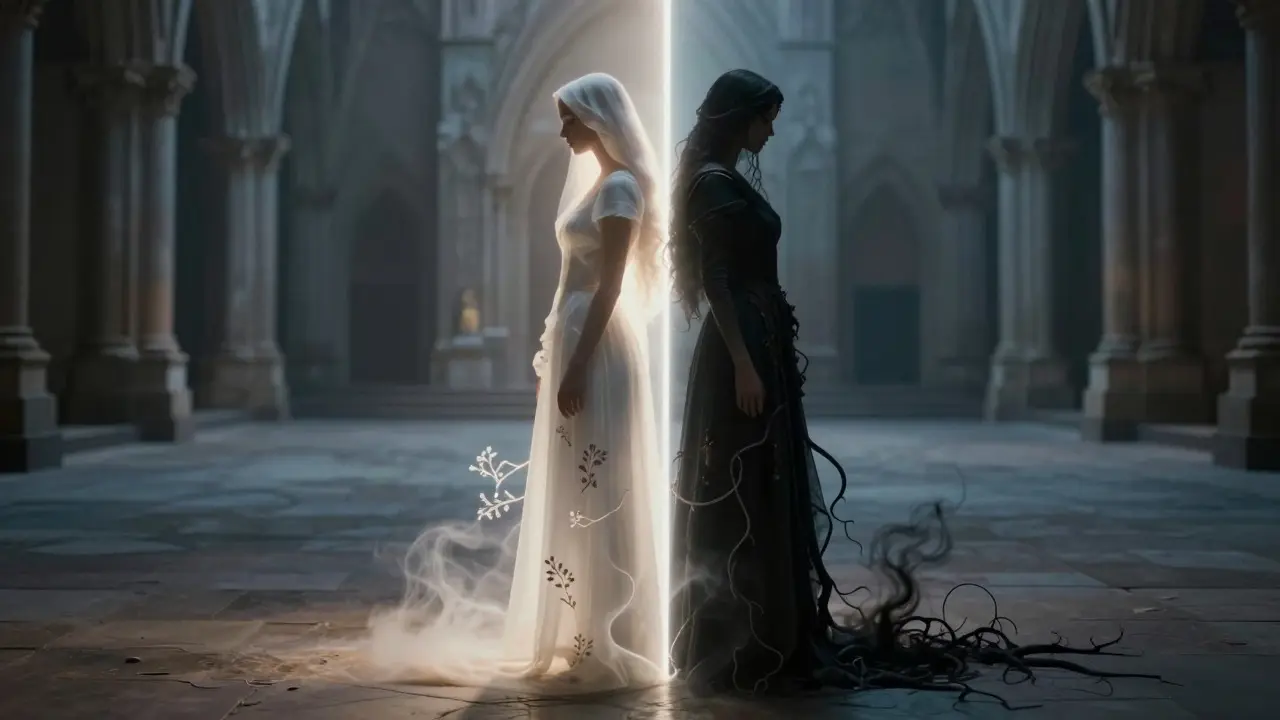 Conceptual art showing two female silhouettes, one in light and one in shadow