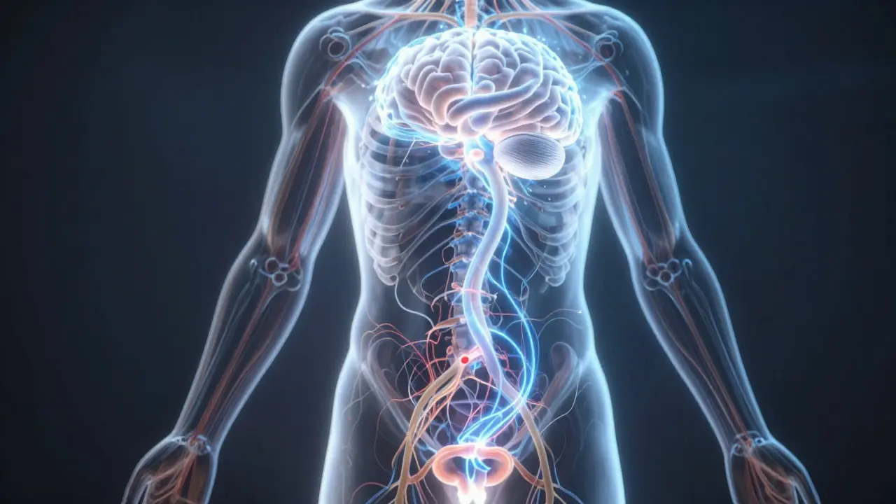 Conceptual art showing vital energy flowing from brain to reproductive system