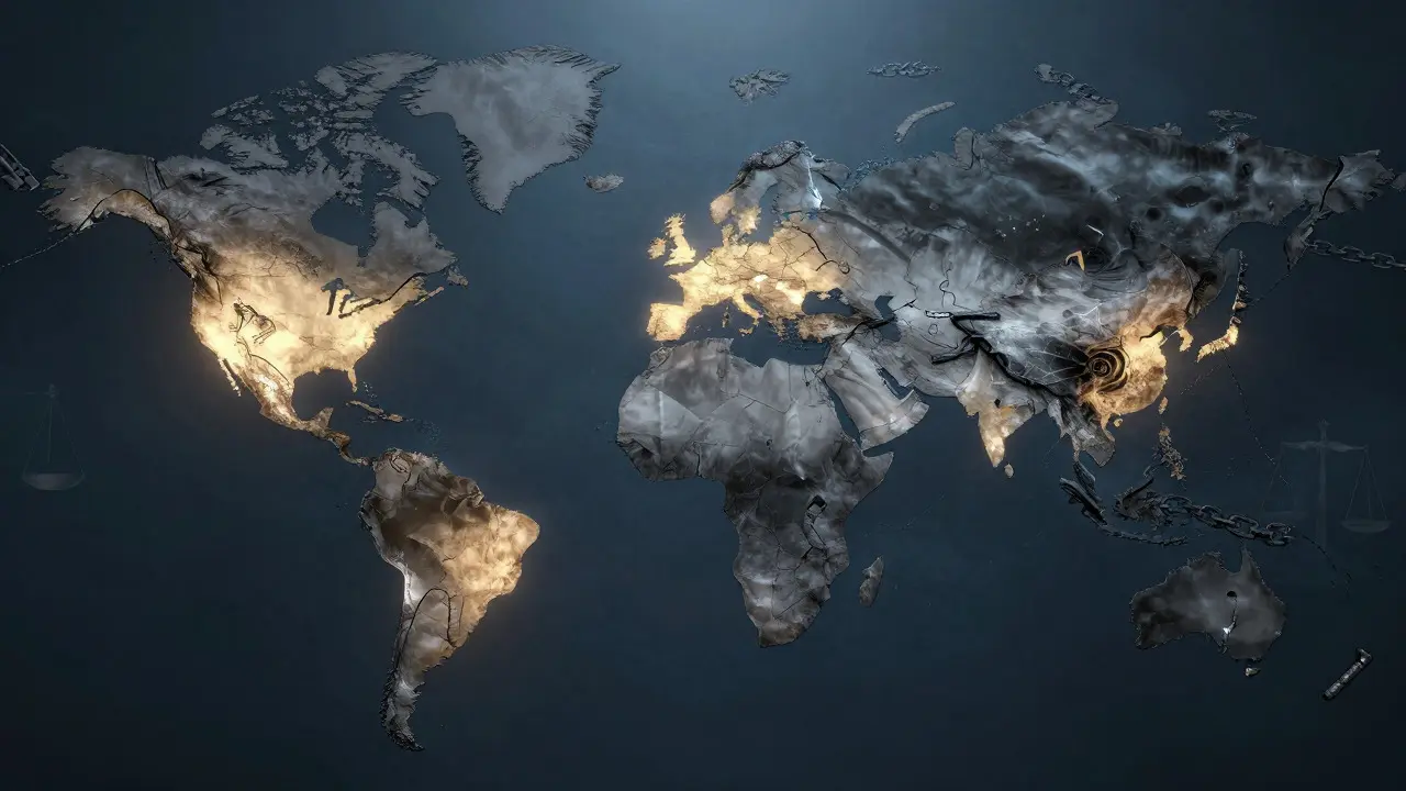 Conceptual map showing legal divides between free and restricted regions