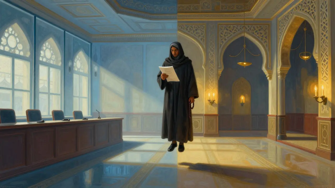 Conceptual split image showing a figure between a secular court and a mosque