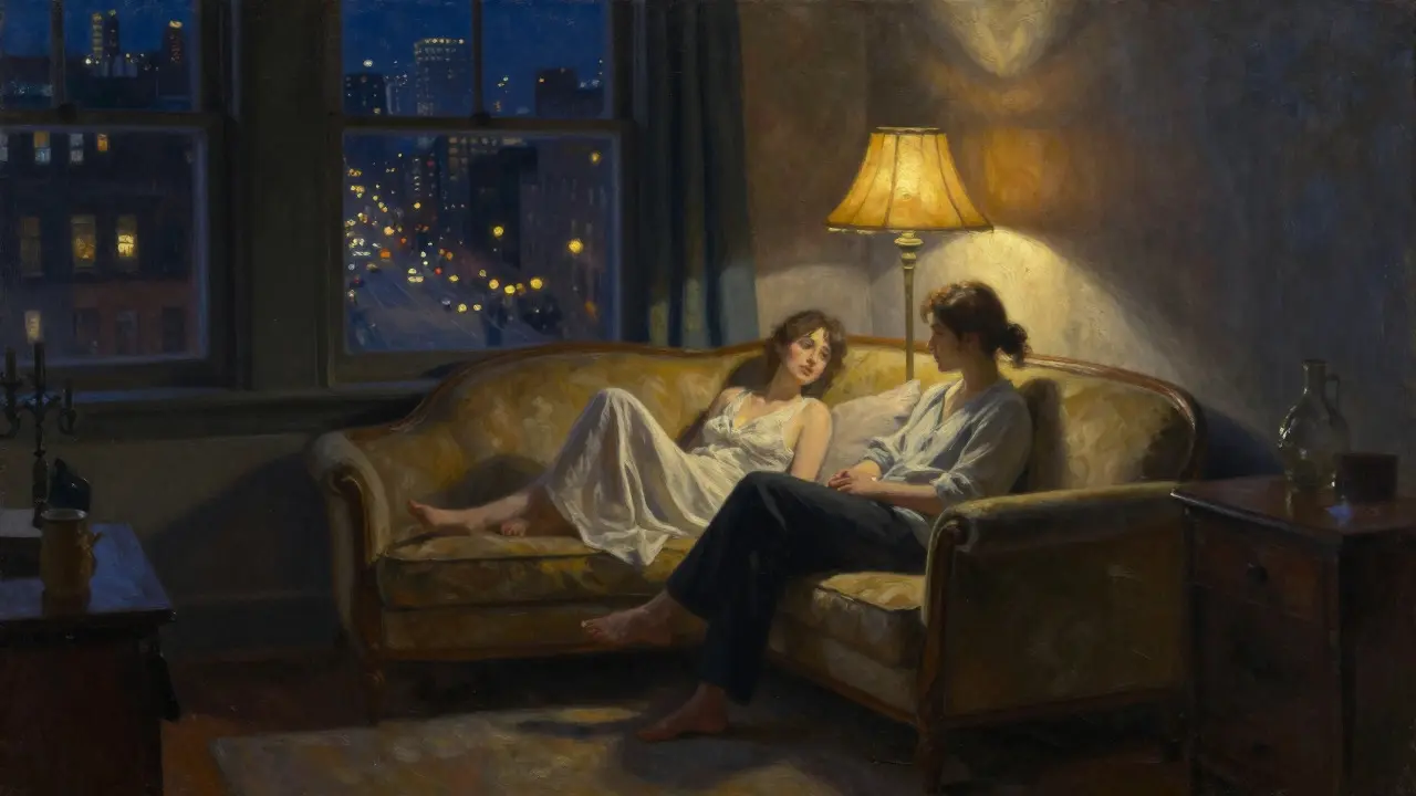Couple in a dimly lit private bedroom discussing intimately, city lights outside
