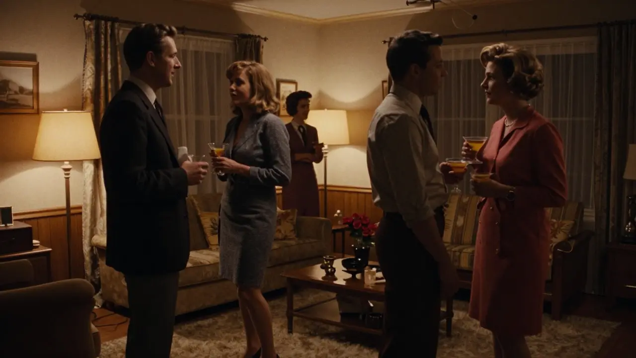 Couples mingling in a dimly lit 1960s suburban living room during a private party