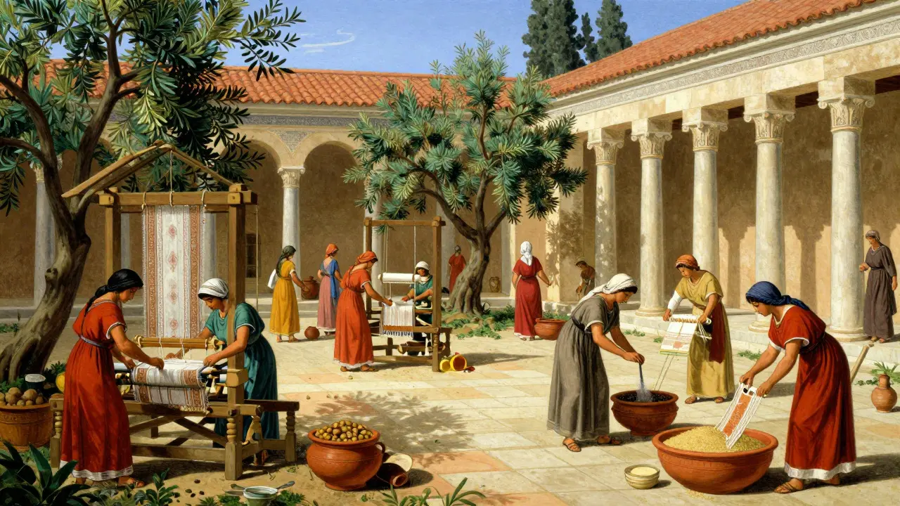Cypriot temple workers weaving textiles and preparing food in a sunny sanctuary courtyard