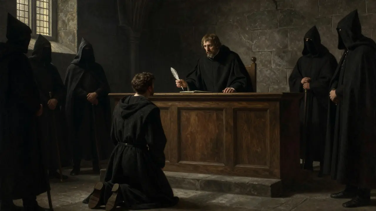 Dark medieval courtroom with an inquisitor judging a kneeling defendant