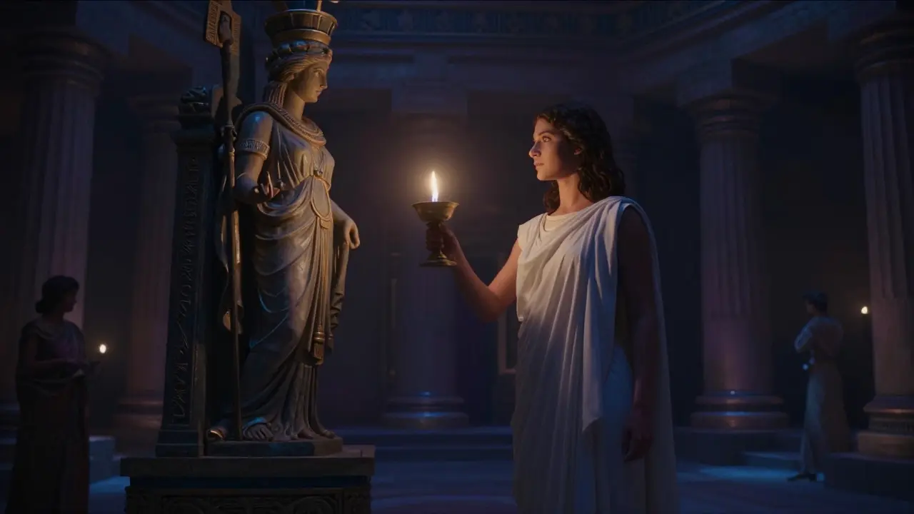 Digital art of a hierodule performing ritual duties inside a dimly lit ancient temple