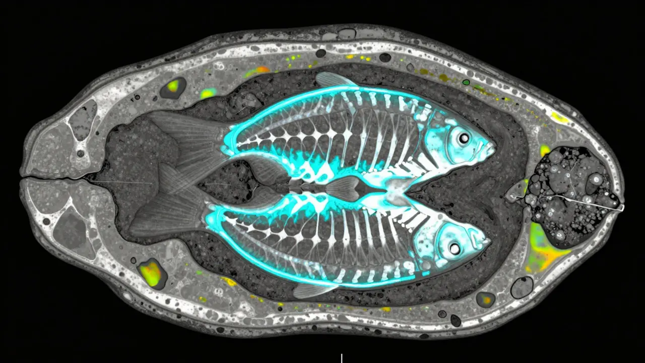 Digital CT scan reconstruction highlighting bone alignment in ancient copulating fish fossils