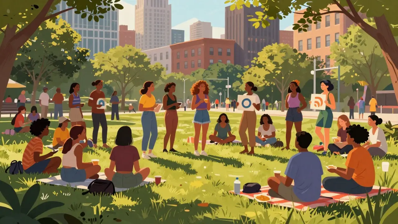 Diverse community members connecting in a park during sunset representing social support