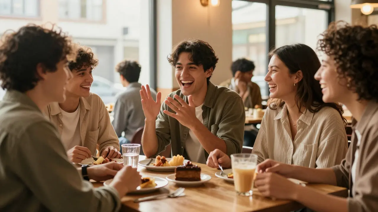 Diverse friends laughing together at a cafe table in warm sunlight