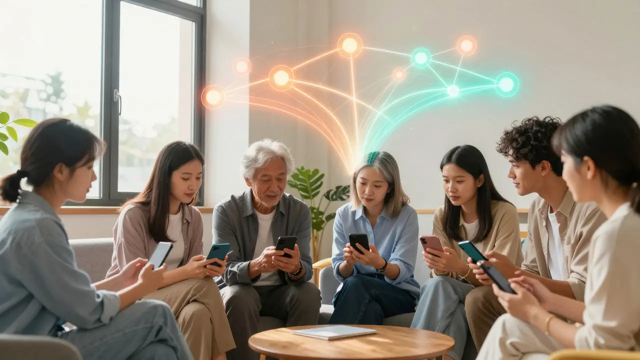 Diverse group discussing health topics online, with light streams connecting them to represent shared knowledge.