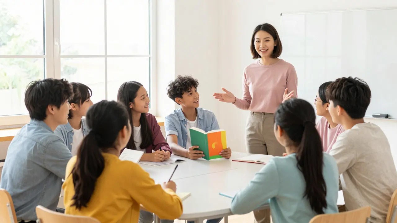 Diverse students and a teacher engaging in a lively, inclusive discussion in a sunlit modern classroom.