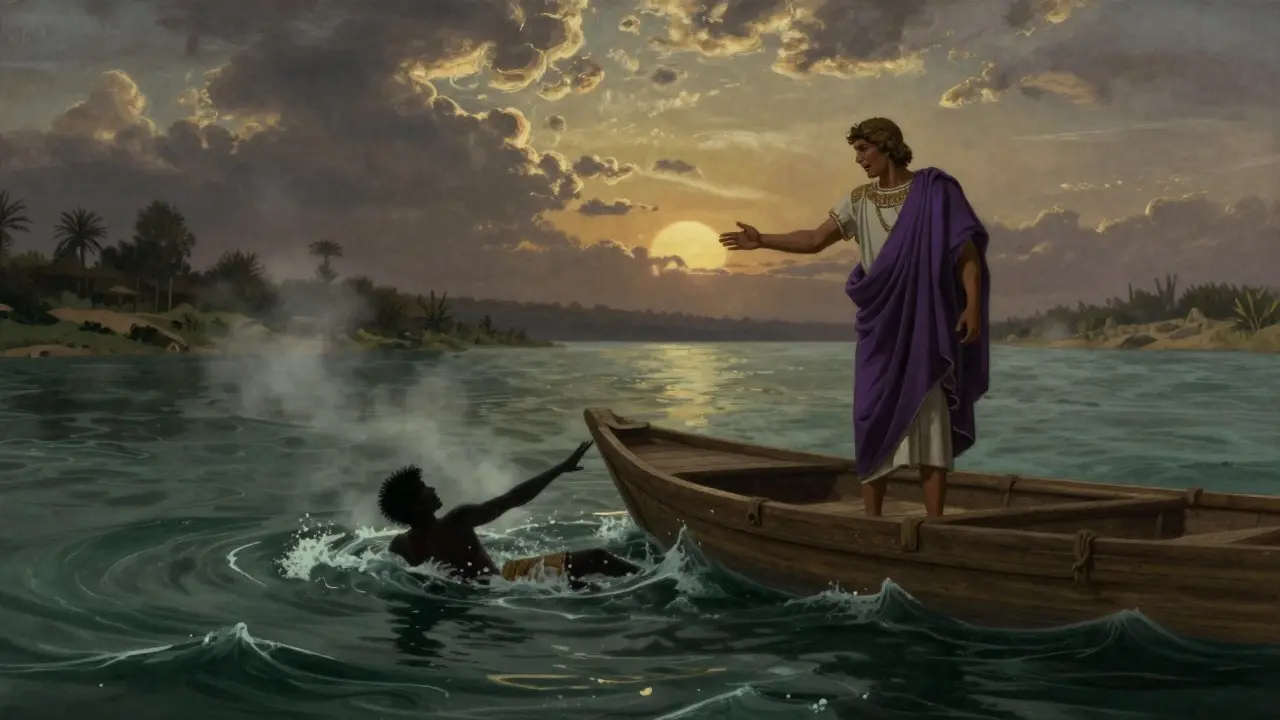 Dramatic illustration of Antinous drowning in the Nile as Hadrian reaches out