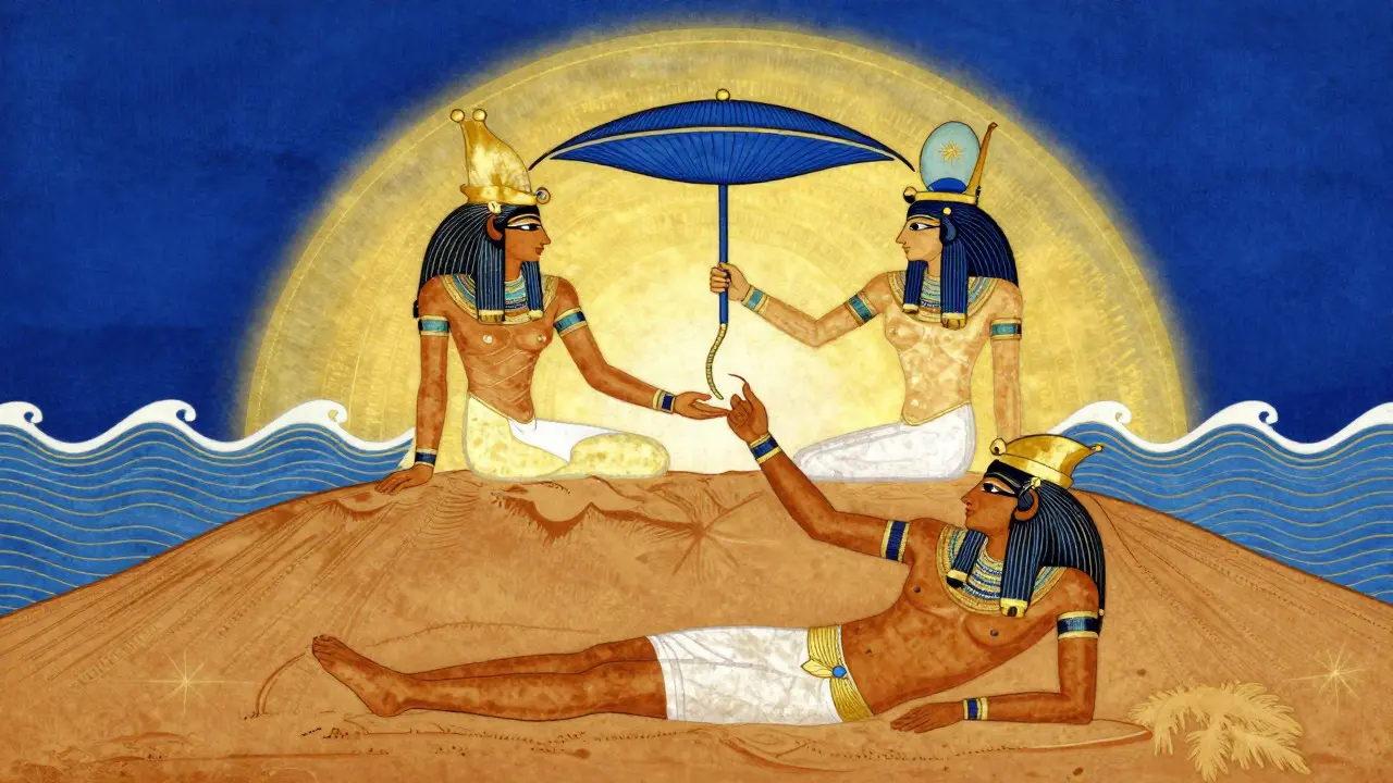Egyptian deities Nut, Geb, and Shu on the mound of creation