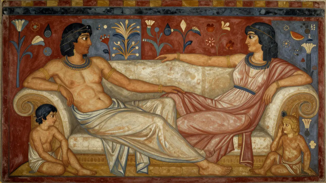 Etruscan fresco showing a couple and child in a relaxed banquet scene