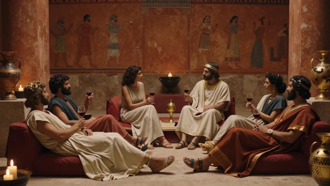 Etruscan men and women reclining together at a banquet in a dimly lit hall