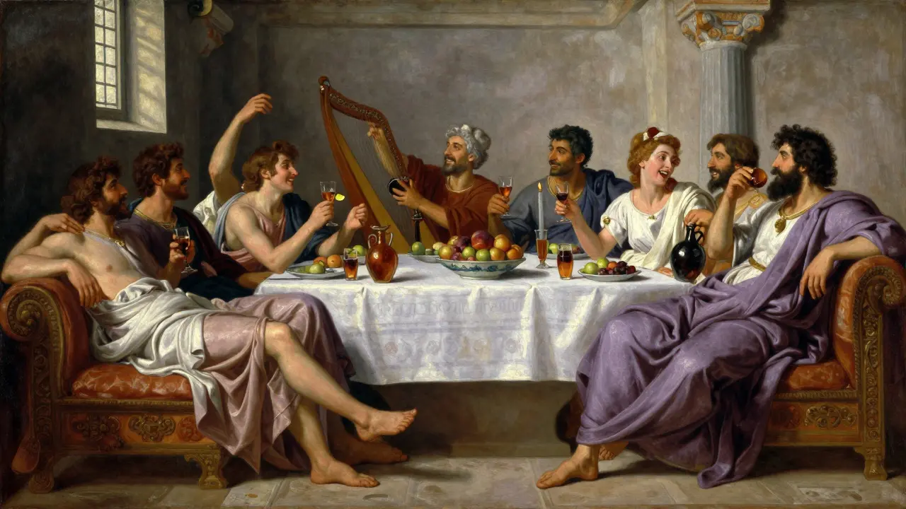 Etruscan mixed-gender banquet with music and wine