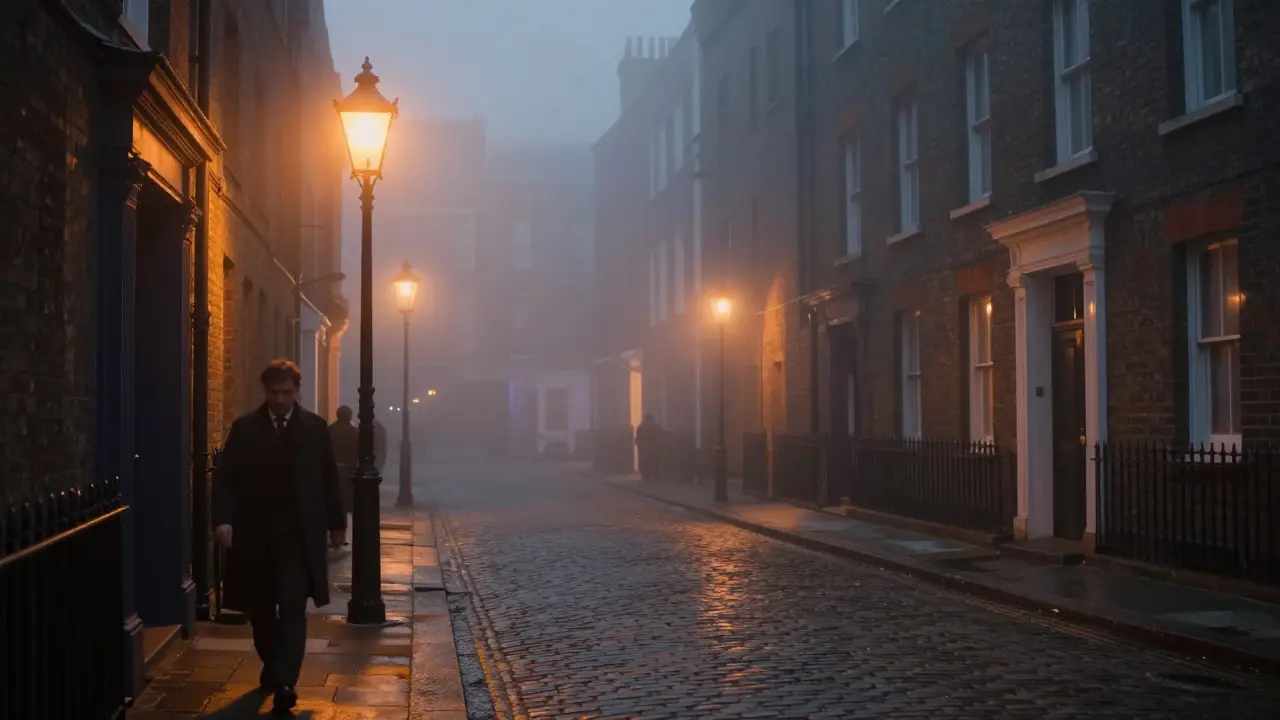 Foggy Victorian street scene at night with gas lamps and silhouetted figures in a red-light district