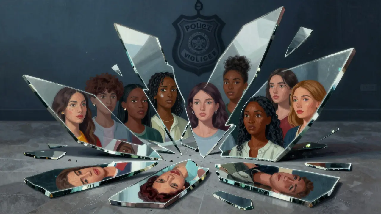 Fragmented mirror reflecting faces next to a police badge illustrating systemic gaps