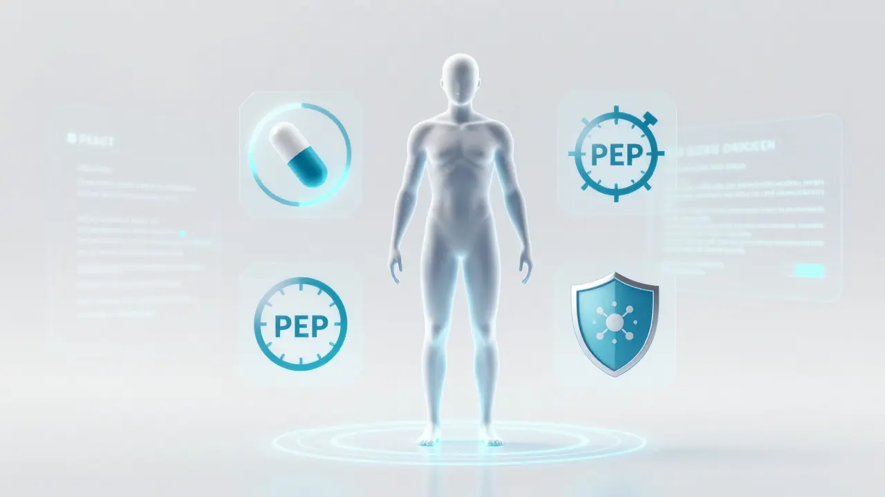 Futuristic graphic showing a human figure surrounded by medical prevention tools