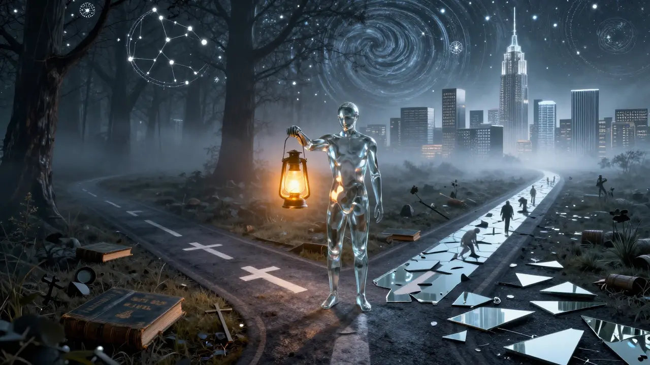 Glass figure at a crossroads holding a lantern, choosing between past theology and future equality