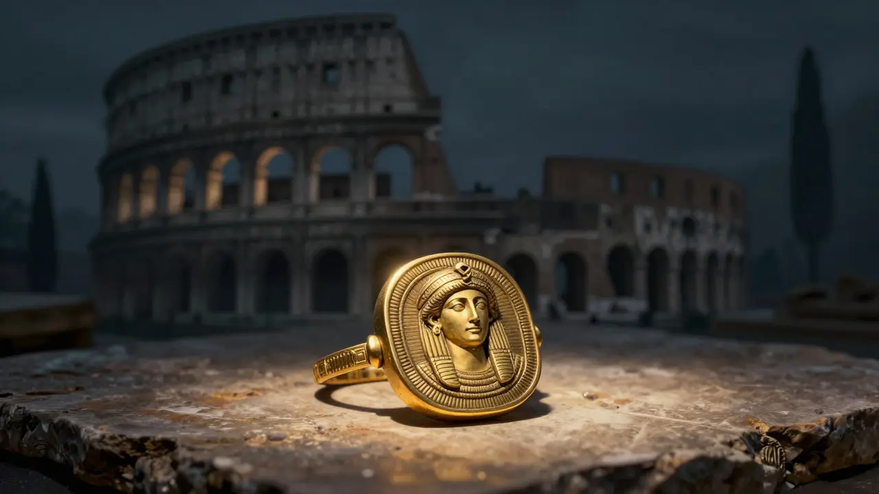 Golden Etruscan artifact in the foreground with a shadowy Roman building in the background