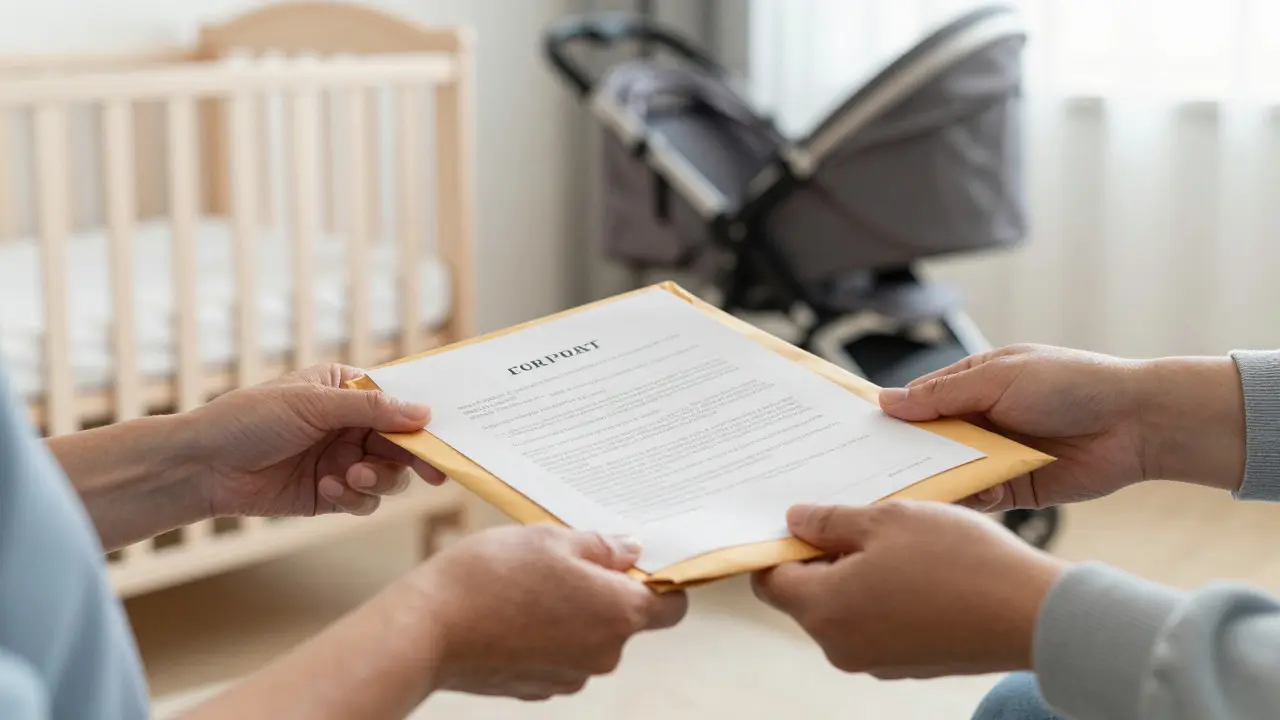 Hands exchanging legal documents in a living room with a baby crib nearby