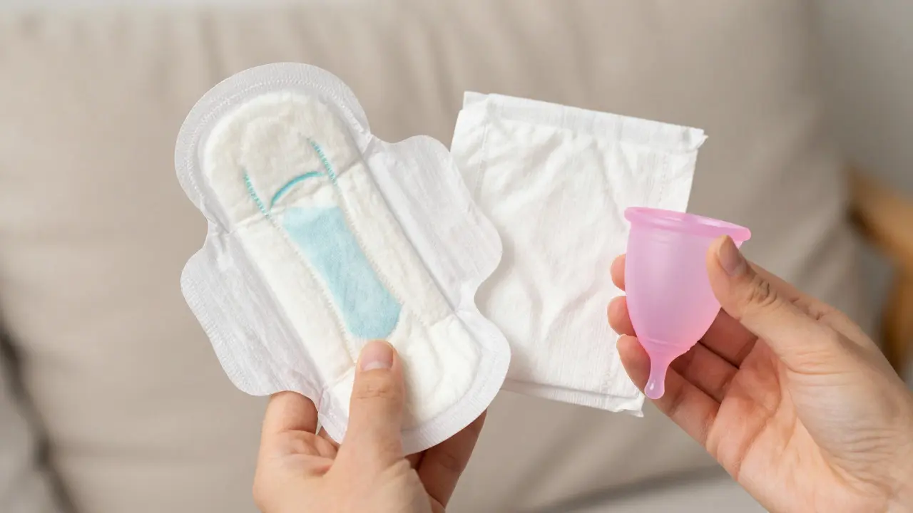 Hands holding disposable pads, cloth pads, and a menstrual cup, representing diverse hygiene options and modern science.