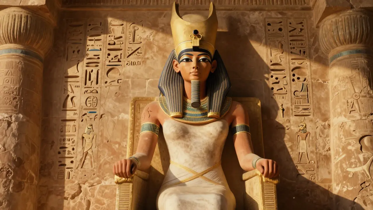 Hatshepsut depicted as Pharaoh wearing nemes headdress and false beard in temple relief