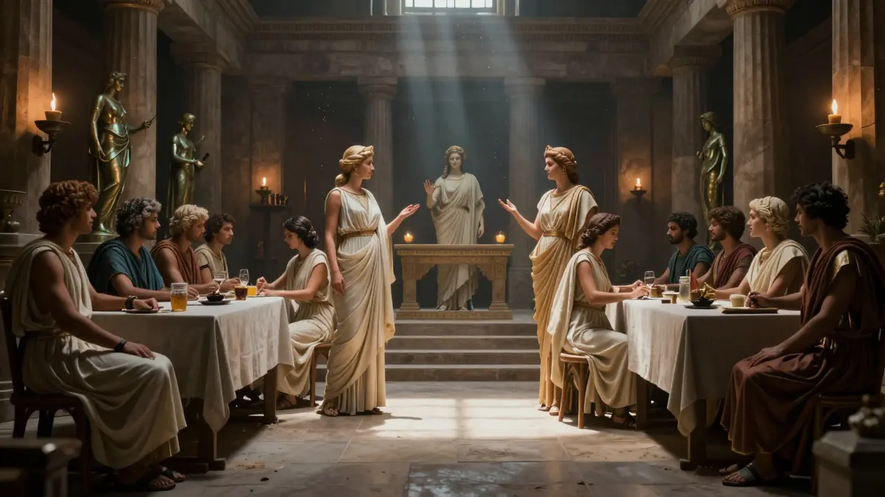 Hierodules standing near an altar as diplomats negotiate inside a dimly lit ancient temple