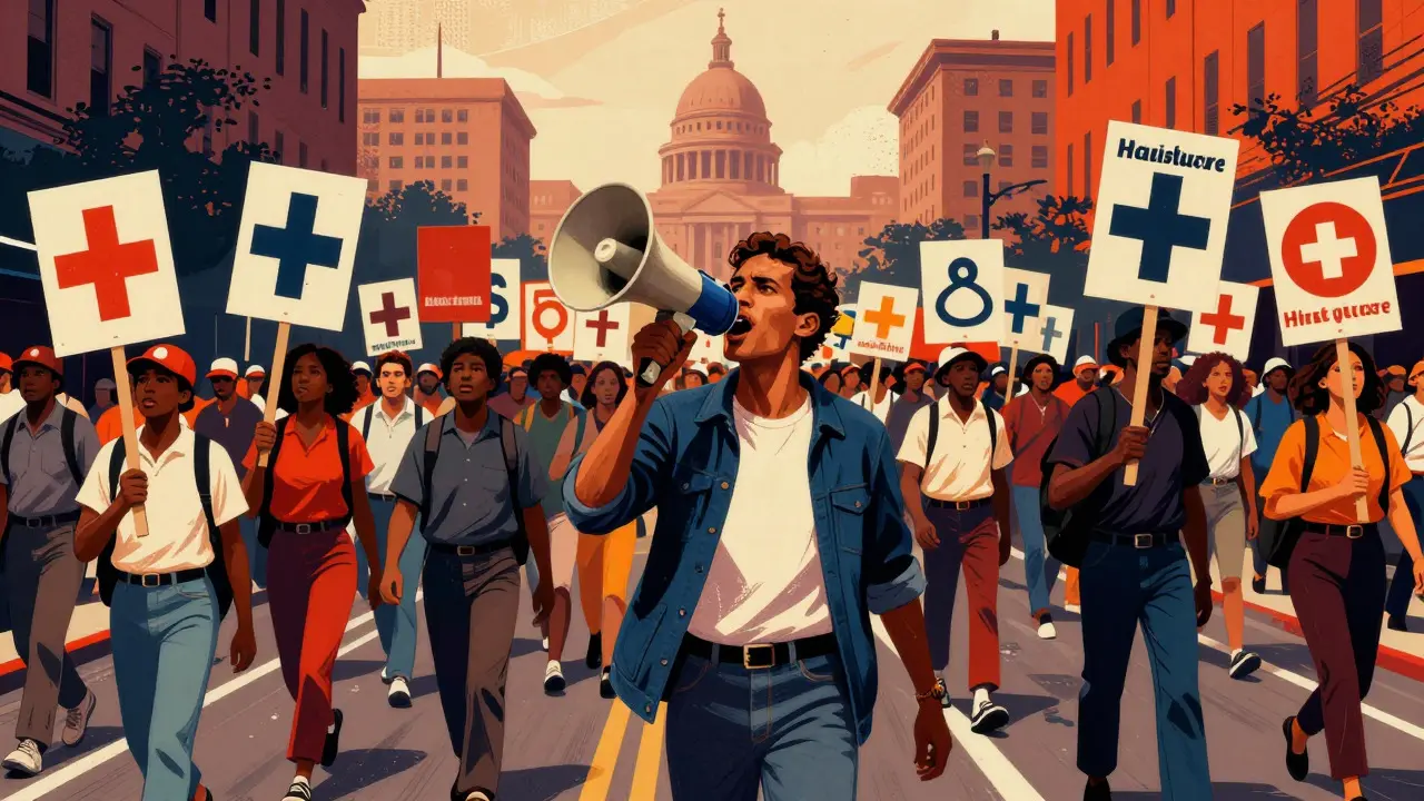 Illustration of a large 1980s AIDS activism march with protesters holding signs