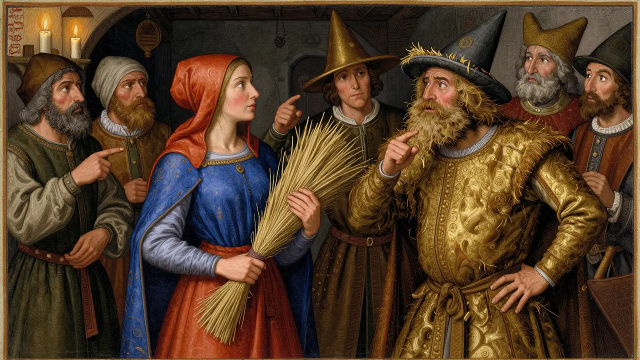 Illustration of a peasant woman outsmarting a lord in a tavern