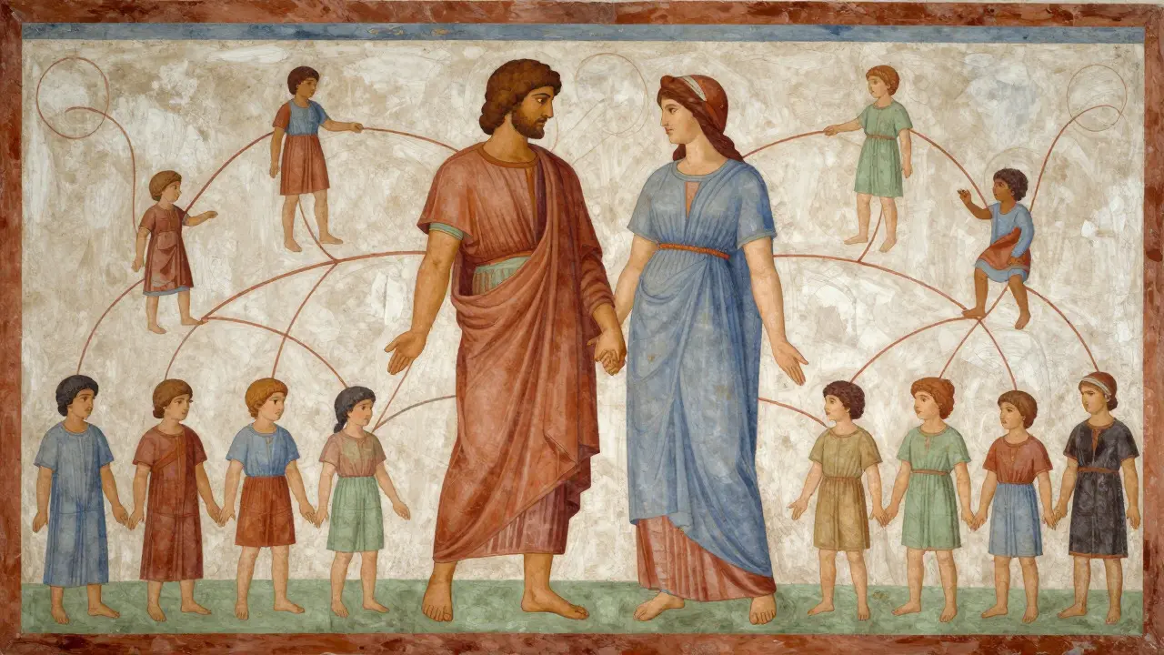 Illustration of an Etruscan couple standing equally as co-heads of a household with connected lineage