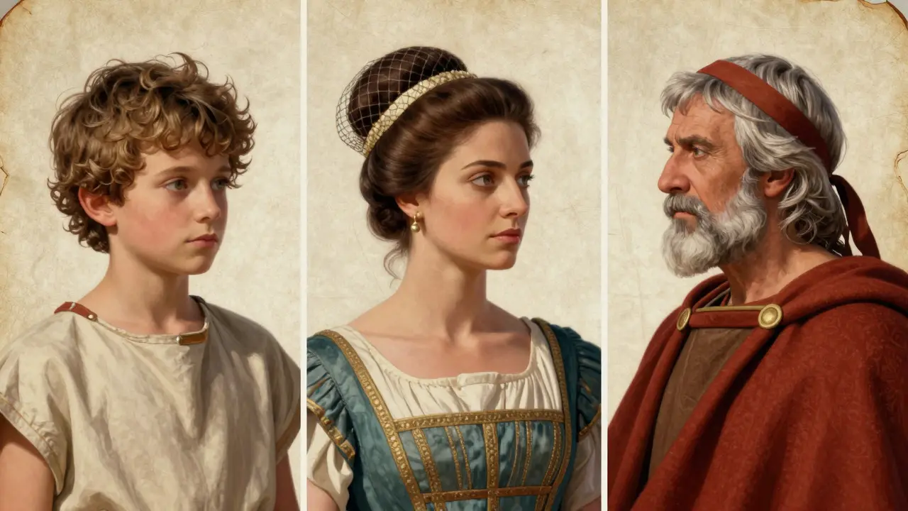 Illustration of three figures demonstrating Etruscan hairstyles for different life stages