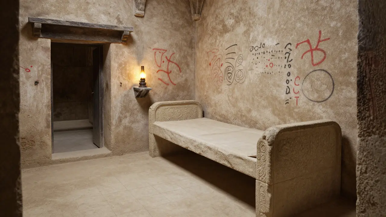 Interior of a small room in Pompeii featuring a stone bed and wall graffiti