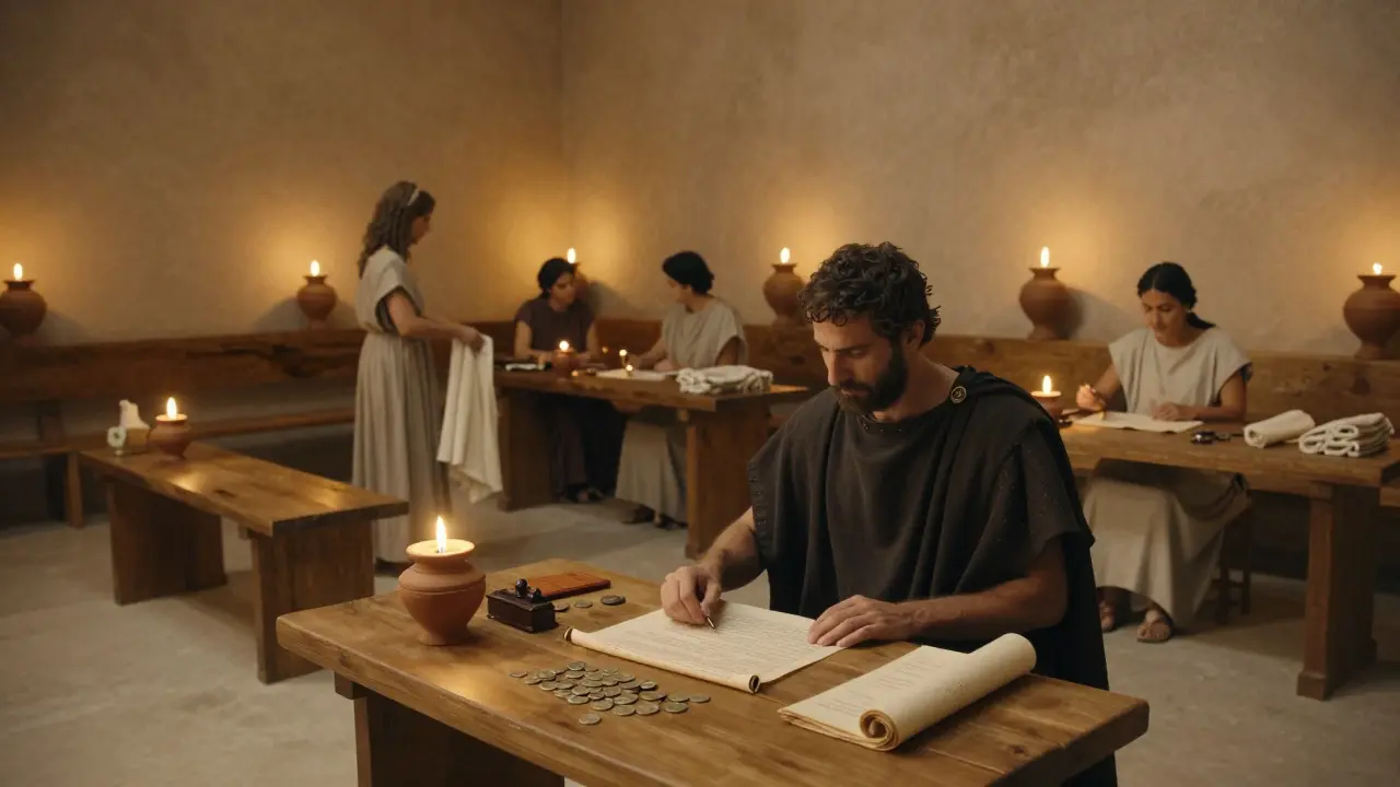 Interior of an ancient Oikos with a manager handling accounts and taxes under warm light