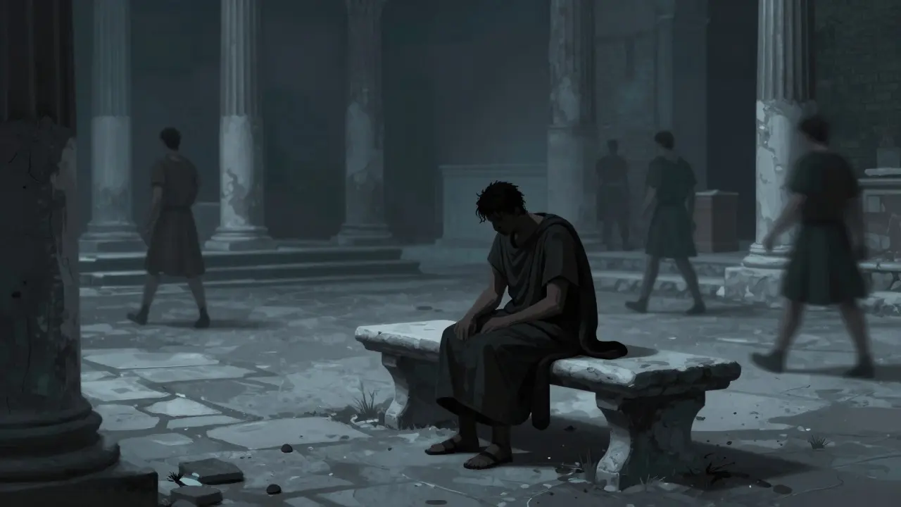 Isolated figure sitting alone in a Roman forum representing social exclusion