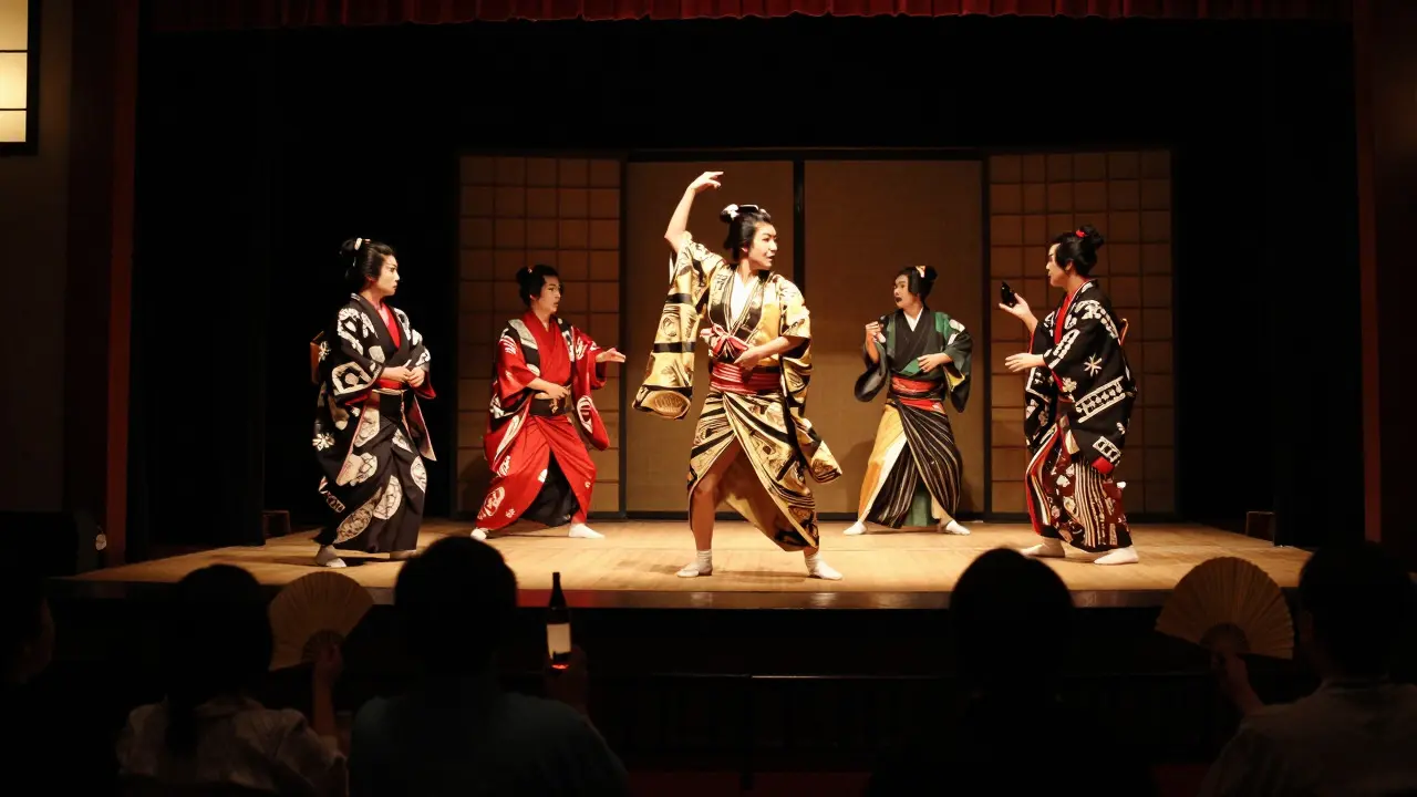 Kabuki actors performing on stage in a dimly lit Edo-period theater