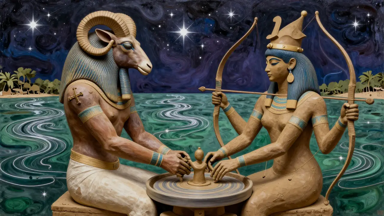 Khnum and Neith shaping humans on a potter's wheel, representing dual creative power